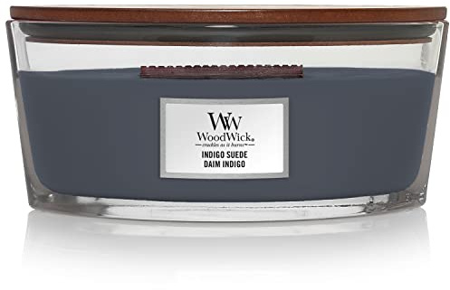 Millefiori WoodWick Ellipsenförmige Duftkerze mit knisterndem Docht | Indigo Suede | bis zu 50 Stunden Brenndauer