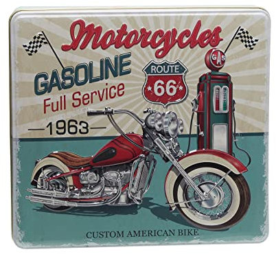 POWERHAUS24 nostalgische Retro Blechdose mit Motorrad Tankstellen Motiv, Geschenk, Aufbewahrung, Deko, ohne scharfe Kanten, lebensmittelecht, ca. 23 x 21 cm, 2 Rezepte inklusive