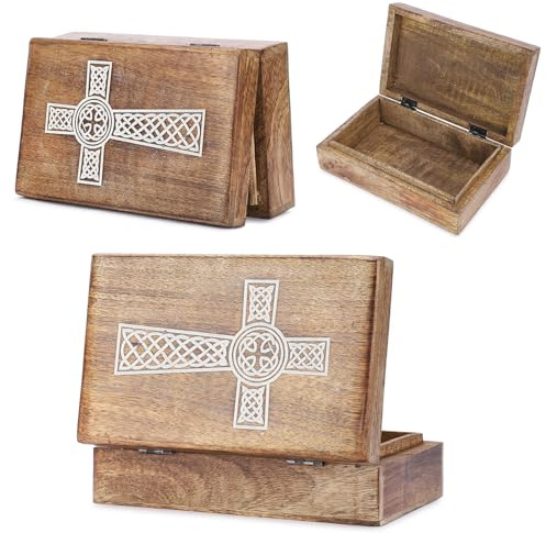 Ajuny Joyero De Madera Hecho A Mano Con Decorativo Diseño Blanco Cruz 8x5