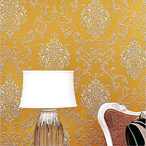 FLZHime 3D Flocked Damask Print Pattern TV Background Living Room Bedroom Cafe Hotel Vintage Minimalist European Style 1.73'W x 32.8‘L Non-Woven Non-Pasted Wallpaper (Beige)