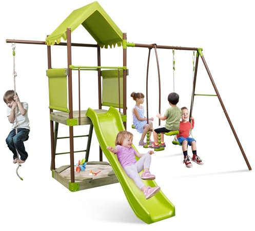COSTWAY Kids Swing Set, 7 in 1 Heavy Duty Metal Swing Stand with Slide, Platform, Sandbox, Glider, Climbing Rope and Ladder, Large Outdoor Playground Equipment for Boys Girls