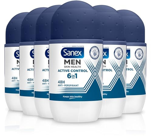 Sanex Men Sensitive Antiperspirant Roll-On Deodorant 6x50ml - 48 hour sweat protection - odour-fighting formula - slows down odour release - gentle on skin - 0% alcohol*