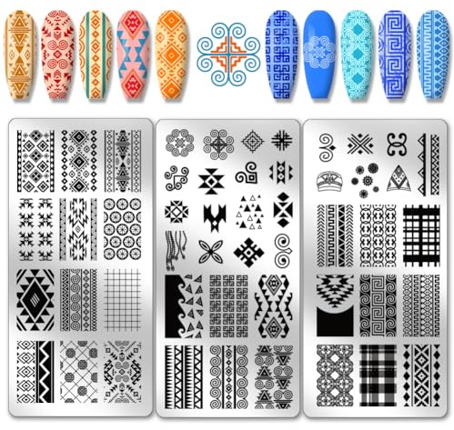 PH PandaHall 3 placas geométricas de estampado de uñas, plantillas de arte de uñas de mosaico exótico, plantillas de arte de uñas de Frmae de rayas de acero inoxidable, placas de imagen de uñas para