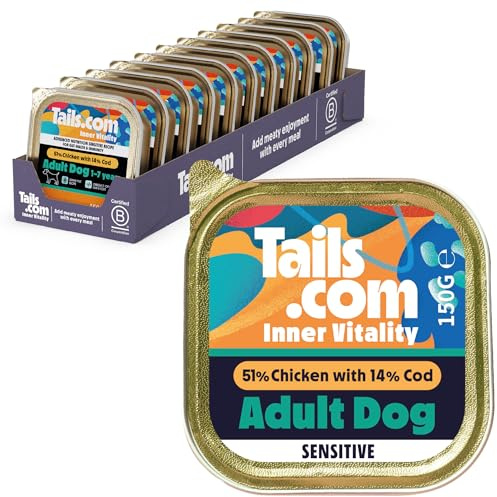 Tails.com Inner Vitality • Wet Dog Food 11 x 150g • Sensitive Chicken & Cod • Adult 1-7 years • Grain Free Recipe • Made with natural ingredients • Contains Omega 3 to Support Skin and Coat
