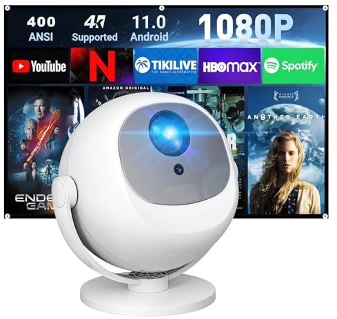 [Inbyggd app och autofokus] Smart projektor, 4K stöder mini bärbar projektor med 360° roterbar, 12 000 lumen, WiFi och Bluetooth, LCD-skärm, takprojektor med 1920 x 1080 upplösning