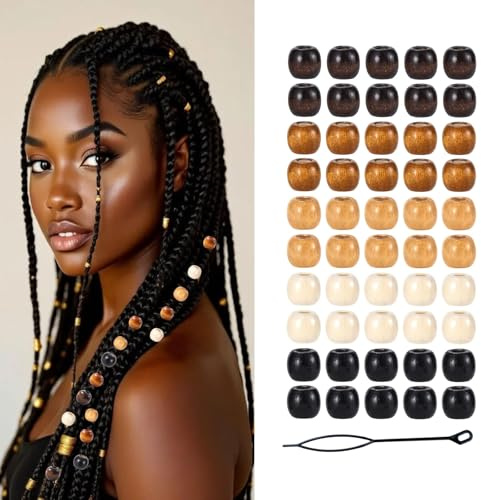 Auroriel 100 Stück Holz Haarperlen für Zöpfe Dreadlocks Natürliche Holzperlen 12x11mm mit Einfädelhilfe für Frisuren DIY Schmuck