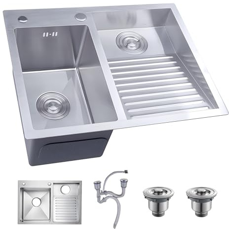 Lavello da cucina a doppia vasca in acciaio inox, resistente e senza rubinetto, per bagno e balcone, design moderno, facile da pulire, soluzione salvaspazio