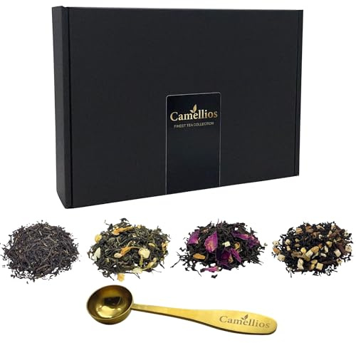 Tea Sampler Gift Set with Measuring Spoon – 4 Premium Loose Leaf Blends (4 × 25g, 40+ Cups) in Luxury Gift Box – English Breakfast, Earl Grey, Spiced Apple Chai & Jasmine Mint Green Tea