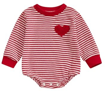 Acrawnni Baby Boys Girls Romper, Long Sleeve Crew Neck Heart Stripes Bodysuit Valentines Day Clothes (C-Red, 12-18 Months)