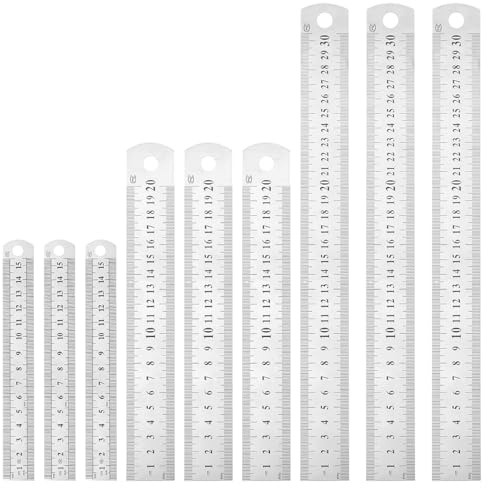 9 stycken metalllinjaler set 15/20/30 cm stållinjal precision dubbelsidig skala kant centimeter och tum stålskala, linjal mätverktyg i rostfritt stål för teknik, skola, kontor, hem (4,8,12 tum)