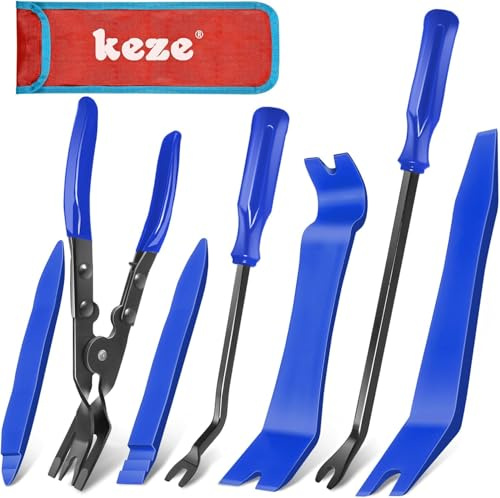 KEZE Kit de 7 outils pour retirer les garnitures en plastique et pinces pour retirer les clips de la carrosserie, des panneaux de porte et des garnitures intérieures de voiture - Bleu