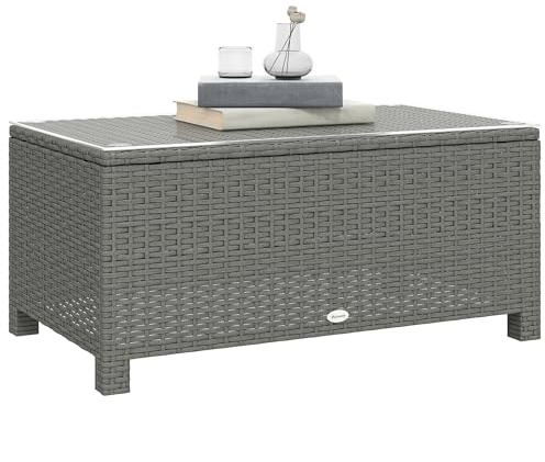 Mesa de centro Outsunny de ratán PE, mesa de centro rectangular para exteriores con tapa de vidrio templado, capacidad de 70 kg para jardín, balcón, terraza, patio, gris claro