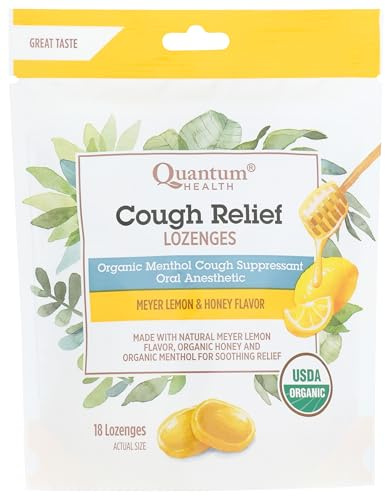 Quantum Health Organic Cough Relief Lozenges, Meyer Lemon & Honey, Natural Menthol Cough Suppressant, Bagged, 18 Ct.