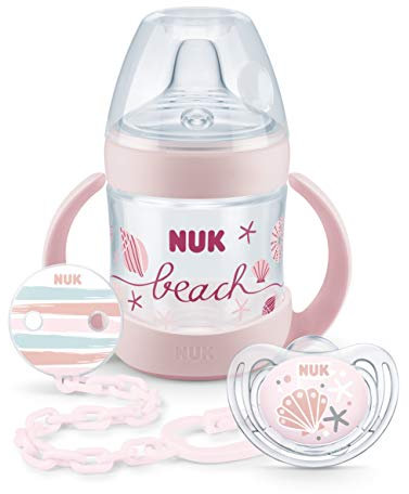 NUK Nature Sense Beach Set, 1 x Nature Sense Trinklernflasche, 1 x Freestyle Silikon-Schnuller, 1 x Schnullerkette, 6-18 Monate (Set rosa)