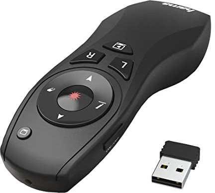 Hama Wireless Presenter roter Laserpointer, Air Maus, digitaler Stift (Fernbedienung Powerpoint Präsentation 15m Reichweite 2,4 GHz mit Lautstärkeregelung, Full-Screen, Black-Screen, inkl. Batterien)