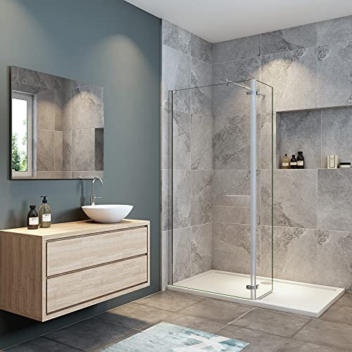 OCEAN ITALY Parete Fissa Alta 200cm Doccia Walk In 130cm(90+40) più paretina girevole da 40cm in Vetro Temperato Trasparente Anticalcare 8 mm Con Barra Stabilizzatrice di 70-120 cm