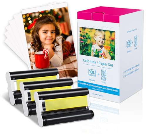 Ersatz für Canon Selphy CP1500 Fotopapier und Kartusche, für Selphy Fotodrucker CP810 CP820 CP910 CP1000 CP1200 CP1300 CP1500, KP-108IN 3x KP-36IP, 3 Patrone + 108 FotoPapier (10x15cm)