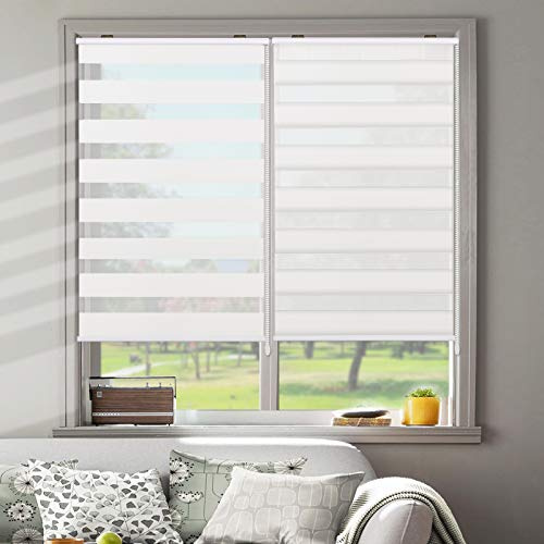 SUAKY Zebra Roller Sheer Shades Blinds, White Custom Free Stop Dual Layer Window Shades with Valance, Sheer or Privacy Light Control, Day and Night Blinds for Windows, Doors, French Doors