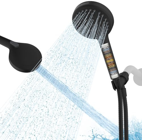 Hibbent High Pressure 10 Spray Filtered Handheld Shower Head, Matte Black | Showerhead with Water Softener Filter for Hard Water, Remove Chlorine, Improve Skin, Brass Joint Holder, 71 Metal Hose