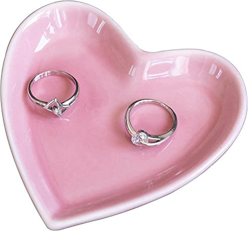 Support de bague en céramique pour femmes et filles Plateau à bijoux en forme de cœur Assiette décorative rose pour organisateur de bijoux Plat pour bagues de fiançailles, mariage,