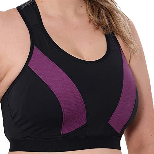 Ladies Black & Purple Multiway Crossover Sports Bra up to Plus Sizes for Women High Impact No Bounce Non Wired Large Busts Gym Exercise Yoga Running Athletic Workout Sportswear (36 J, Black & Purple)