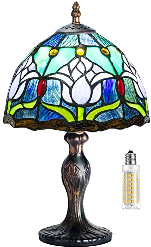 MIAOKE Stained Glass Lamp, lámpara de barroca, coloreado pantalla de vidrio, lámpara de mesa retro vintage, lámpara de noche, estudio, oficina-(tulipán azul)