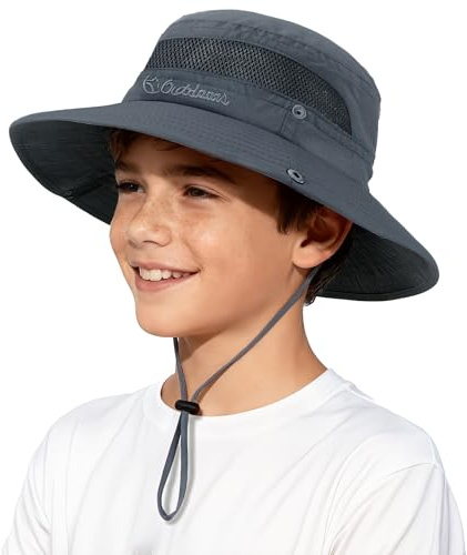 Kids Sun Hat UPF 50+ Sun Protection Bucket Hat for Kids Boys Girls Beach Fishing Safari Adjustable Safari Hats Deep Grey 5-13 Years
