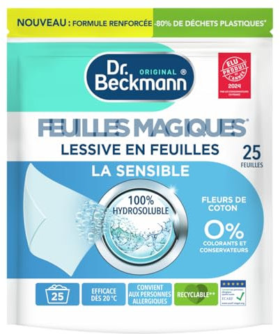 Dr. Beckmann - Lessive en feuilles La Sensible - Feuilles Magiques - Désinfectant Linge Format Pré-Dosé, Pratique et Léger - 100% Hydrosoluble - Produit Ménager Maison Facile à Utiliser - 25 Feuilles