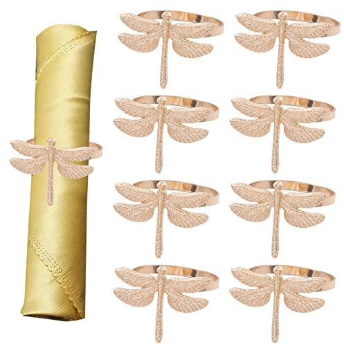CLDURHGE Serviettenringe Gold, Serviettenringe SetServiettenringe Metall 8 Stück Libelle Metall Serviettenring Set Serviettenringe Set für Hochzeits Party Feiertagsbankett Weihnachtsessen Zarte