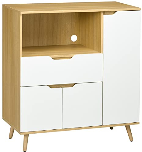 HOMCOM Mobiletto per Microonde in Truciolato con Ripiano Aperto, Due Armadietti e un Cassetto, 90x40x98.5cm Bianco e Color Legno