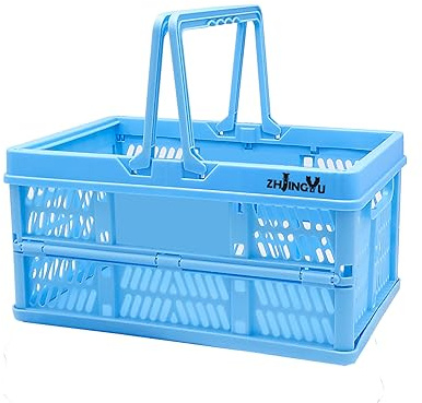 ZHJINGYU Caja Plegable Plastico con Mangos Suaves, 38 x 25 x20 cm, 20L, Cesta Pástico para Cocina, Baño, Bebidas (Azul, Mediana)
