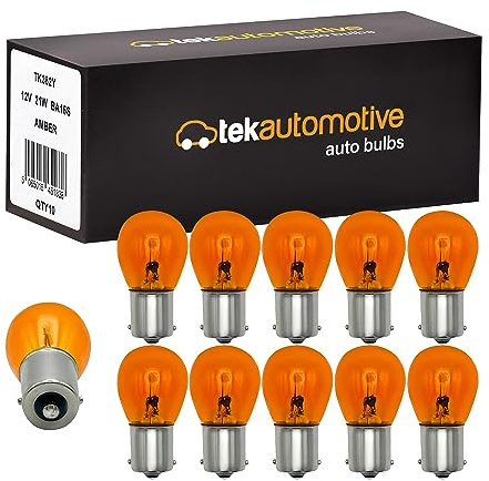 Tek Automotive 343 12V 21W BA15S Indicator Bulbs Orange Amber 382Y Straight Level Pin Car Light – Replacement Automotive Signal Lamps – Box of 10