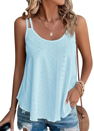 ATHMILE Coquette Tops Camisoles Tank Tops Eyelet Embroidery Sleeveless Spaghetti Strap Tops Scoop Neck Sexy Loose Fit Casual Summer Flowy Cami Blue