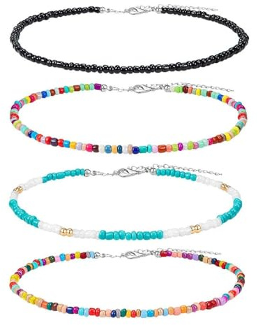 Beaded Necklaces, 4 Pieces, Bohemian Necklace, Seed Bead Necklace, Beach Necklace, Adjustable Choker, Beaded Necklaces, Colorful Tiny Seed Beaded Necklace, Boho Colorful Jewelry for Women Girls