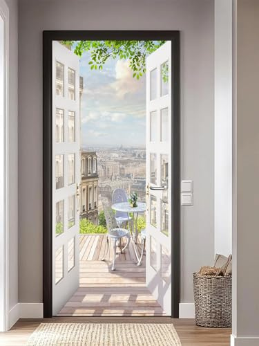 FLFK 3D View from the Balcony Landscape Door Sticker Peel and Stick 85x215cm- Self-Adhesive Door Poster Wallpaper Wall Murals Decal for Home Bedroom Decor(2Pcs/Set)