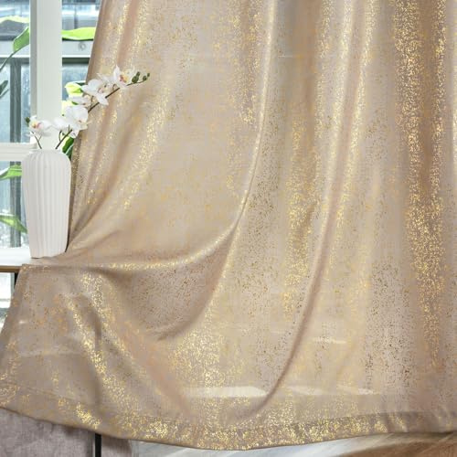 Taupe Semi-Sheer Curtains with Gold Foil Dots 52 x 63 Inch, 2 Panels
