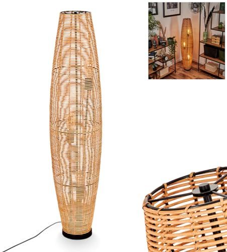 Golvlampa, Mulstrand, modern golvlampa av metall/rotting i svart/natur, lampa i boho-design med skärm i rutnätlook, på/av-strömbrytare på kabeln och ljuseffekt, 3 x E27, utan glödlampor