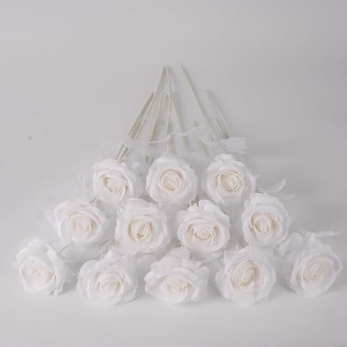 Laelfe 12 Pièces Roses Artificielles Blanc Pur, Longues Tiges Fausse Roses en Soie pour Bouquet de Mariée, Décoration de Fête à la Maison, Hôtel, Jardin (Blanc Pur)