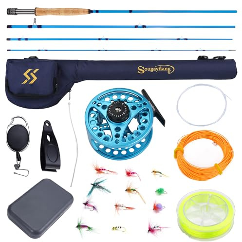 Sougayilang Fly Fishing Rod and Reel Combo, 4 Section Lightweight Portable Graphite Fly Rod and CNC Machined Aluminum Reel Complete Starter Package with Rod Bag-G-5/6