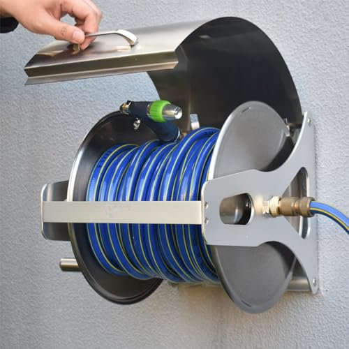 AAADRESSES Edelstahl-Schlauchtrommel, Professionelle Metal Schlauchtrommel, Unverzichtbares GartenzubehöR, Wandmontierter Oder Freistehender Gartenschlauch Aufroller,Silber