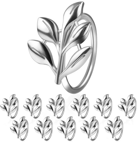 URWOOW Leaf Napkin Ring Holder Set of 12 Silver Color Dining Table Décor for Wedding Party Dinner Banquet Thanksgiving Halloween (Silver 12pcs)
