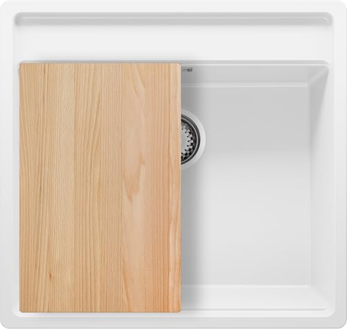 PRIMAGRAN Evier Sous Plan Blanc 56x53cm, Evier en Granit 1 bac + Kit de Vidage + Planche à Découper, Évier au Meuble 60cm - Bergen S074