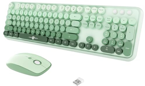 FOPETT Wireless Keyboard and Mouse Combo, 104 Keys Full-Sized 2.4 GHz Round Keycap Colorful Keyboards, USB Receiver Plug and Play, for Windows, Mac, PC, Laptop, Desktop (GradientGreen)
