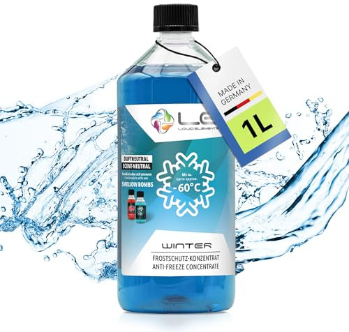 Liquid Elements – Winter Frostschutz Konzentrat 1L – Frostschutzmittel schlierenfrei & wirksam bis -60°C – Scheibenfrostschutz verhindert das Einfrieren von Scheibenwaschanlagen (Duftneutral)