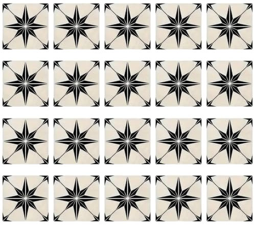 20PCS Tile Stickers,Black and White Tile Stickers,Classic Eight-Pointed Star Tile Sticker,Peel and Stick Tiles,Adhesive Floor Tiles,Peel and Stick Splash Back,Black Floor Til-es Self Adhesive,10*10cm