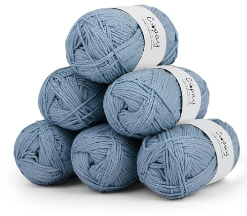 Coopay Lana per uncinetto, 100% cotone per lavorare a maglia, 6 gomitoli da 50 g, morbido cotone all'uncinetto, filato di cotone per maglioni, calze, coperta per bambini, colore: grigio blu