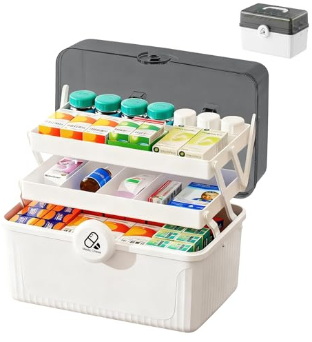 Kezidhp Caja de Medicamentos – Botiquín Grande de 3 Niveles con Asa, Caja de Primeros Auxilios, Caja Médica Multifuncional para Casa, Viaje y Familia 30,5x20x21,5cm, organizador medicamentos