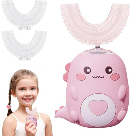 Spazzolini elettrici per bambini 6-12/2-6, spazzolino a forma di U a 360°, spazzolino da denti a forma di dinosauro, spazzolino ultrasonico per bambini, con 2 testine in silicone a forma di U, timer