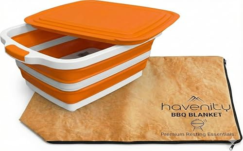 HAVENITY BBQ Prep Tub with BBQ Blanket, 16L Multifunctional Camping Cutting Board with Locking Lid, Reusable Meat Resting Bag for Smoking, Collapsible Dish Basin for Marinating Food (Large 16L)