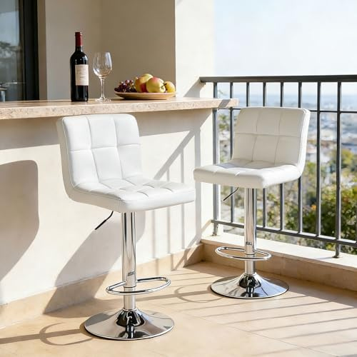 NEWBULIG Bar Stools Set of 2, 24 inch Counter Height Bar Stools with Back and Footrest, Upholstered Swivel Modern Kitchen Island Barstools with Metal Base, PU Leather Saddle Seating, White